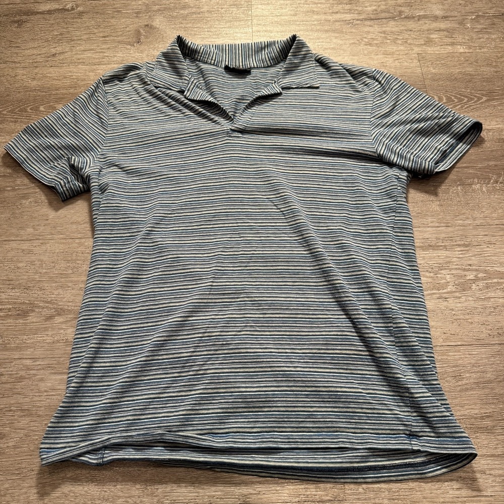 Vintage Express‎ Polo Shirt Mens Large Blue Stripe Cotton Blend Stretch Casual